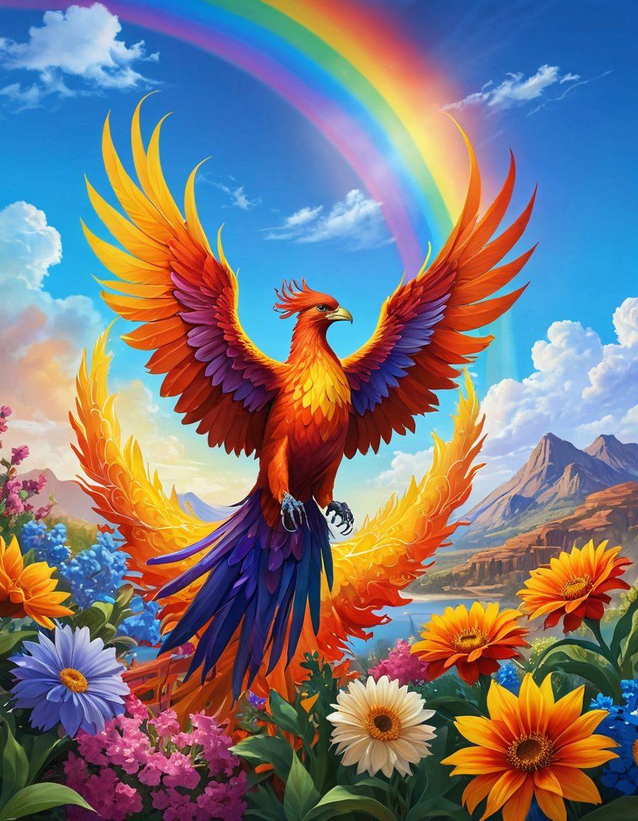 A phoenix rising from vibrant flames, symbolizing resilience and transformation, surrounded by colorful flowers blooming under a bright sun. In the background, a serene landscape with a rainbow arching across a clear blue sky. The overall scene radiates warmth and hope, inviting joy and positivity. super-realistic. vibrant colors. sunny day.