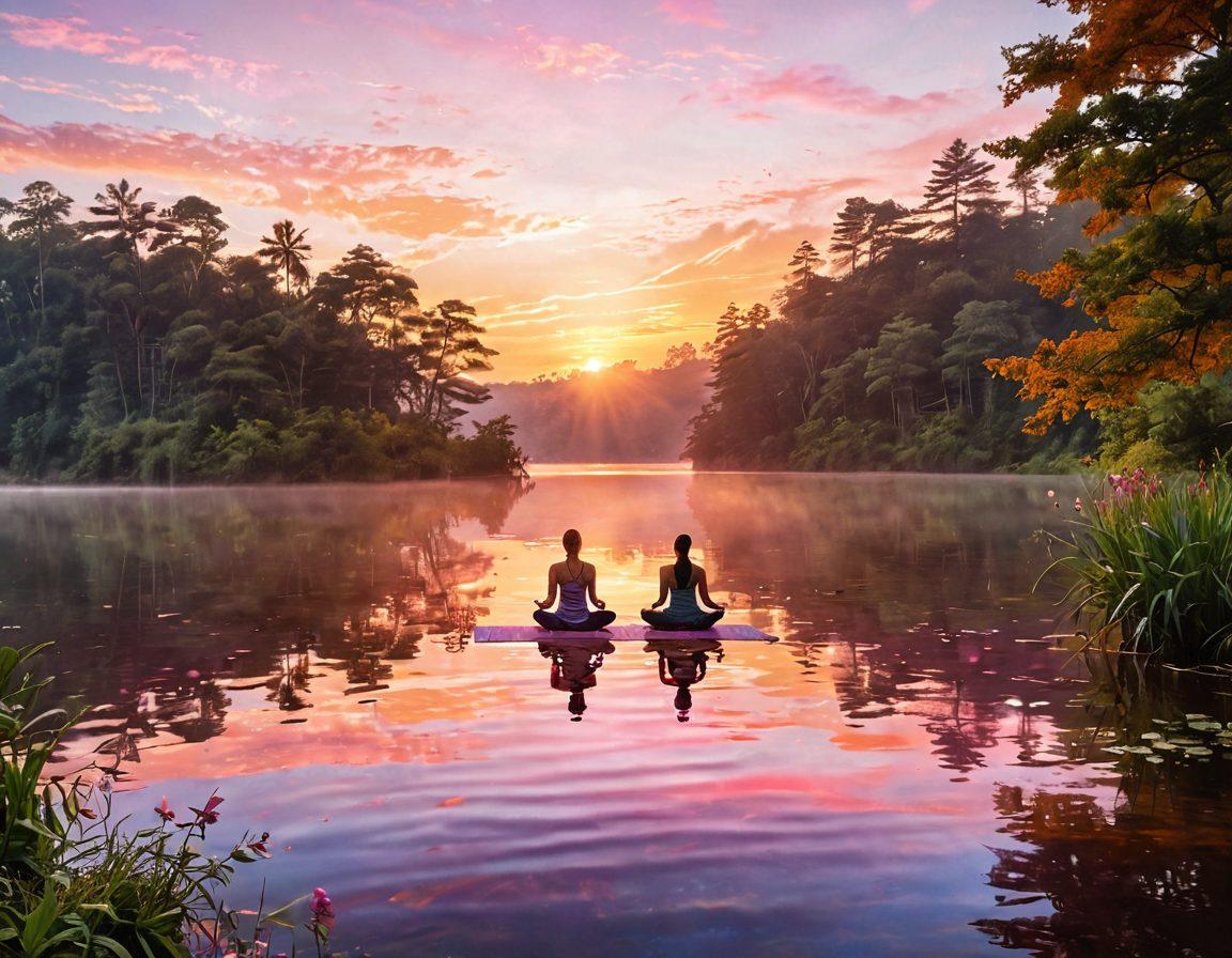 A serene landscape depicting a sunrise over a tranquil lake, with gentle waves reflecting vibrant colors of orange and pink. In the foreground, a diverse group of people engaging in joyful activities like yoga and meditation, surrounded by lush greenery. Ethereal light beams radiating from the sky, symbolizing transformation and positivity. Soft, inviting colors to evoke a sense of peace and bliss. super-realistic. vibrant colors.