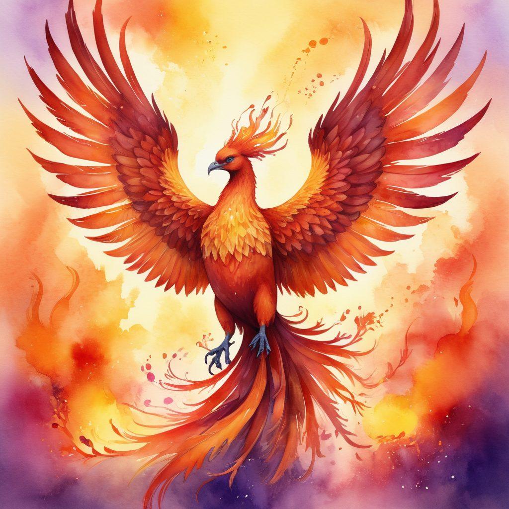 A majestic phoenix rising from vibrant flames, symbolizing transformation and rebirth. Surround the phoenix with uplifting elements like blooming flowers and radiant sunshine, conveying joy and positivity. Include a serene background of a sunrise to enhance the feeling of hope and renewal. Render in a watercolor style with rich, warm colors that evoke a sense of inspiration and warmth.